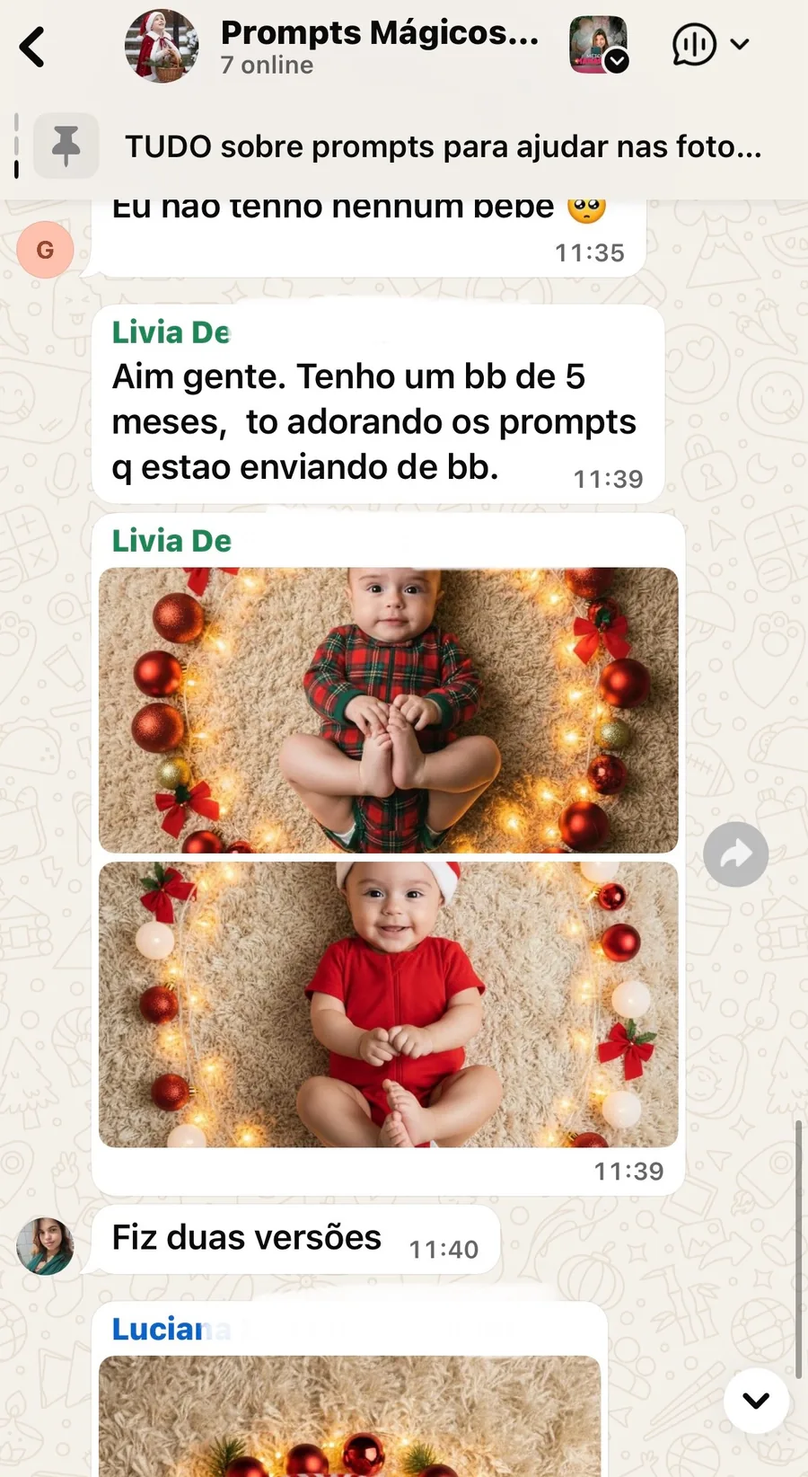 Print de cliente no grupo do WhatsApp mostrando o retrato criado