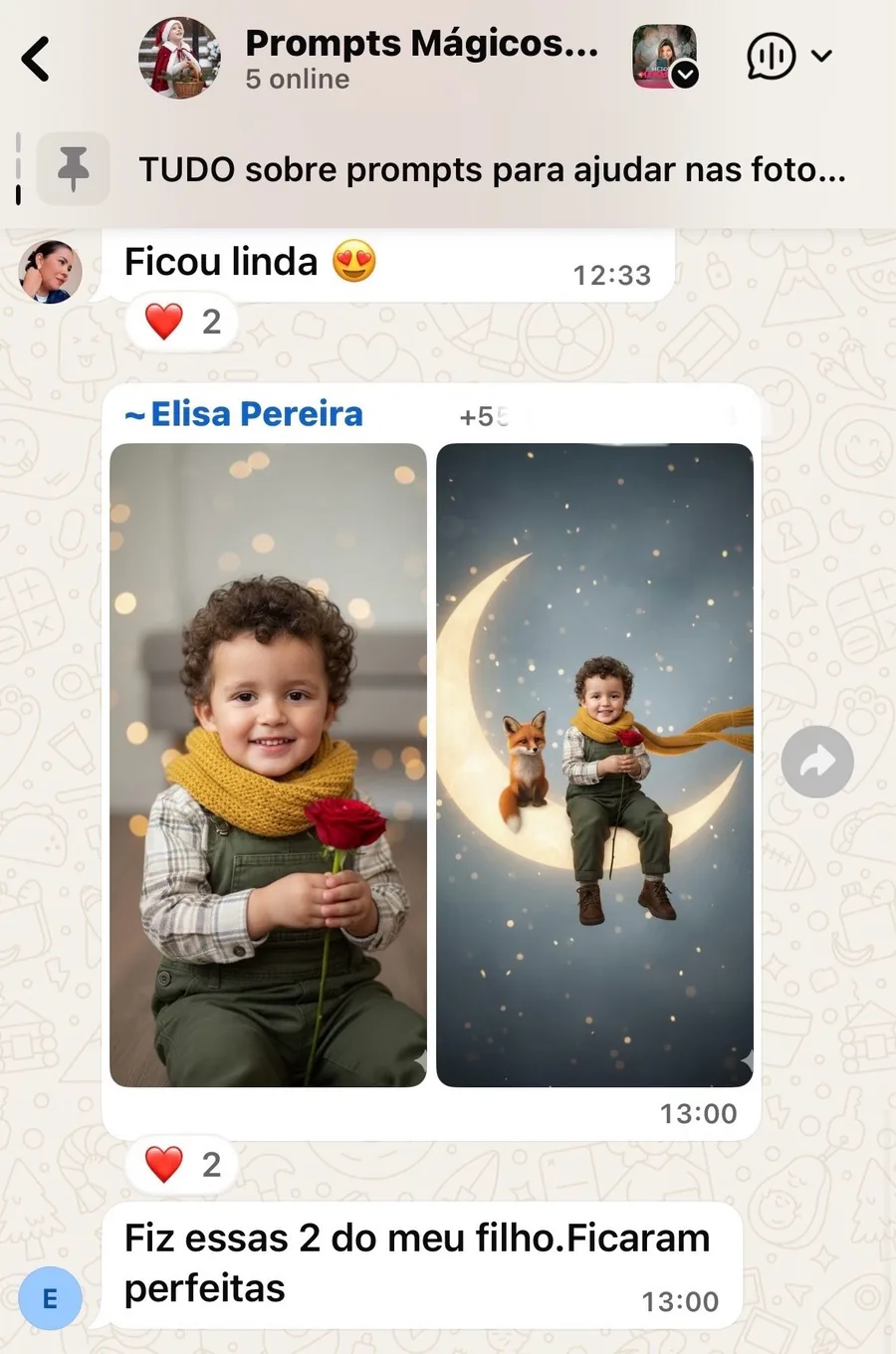 Print de cliente no grupo do WhatsApp mostrando o retrato criado