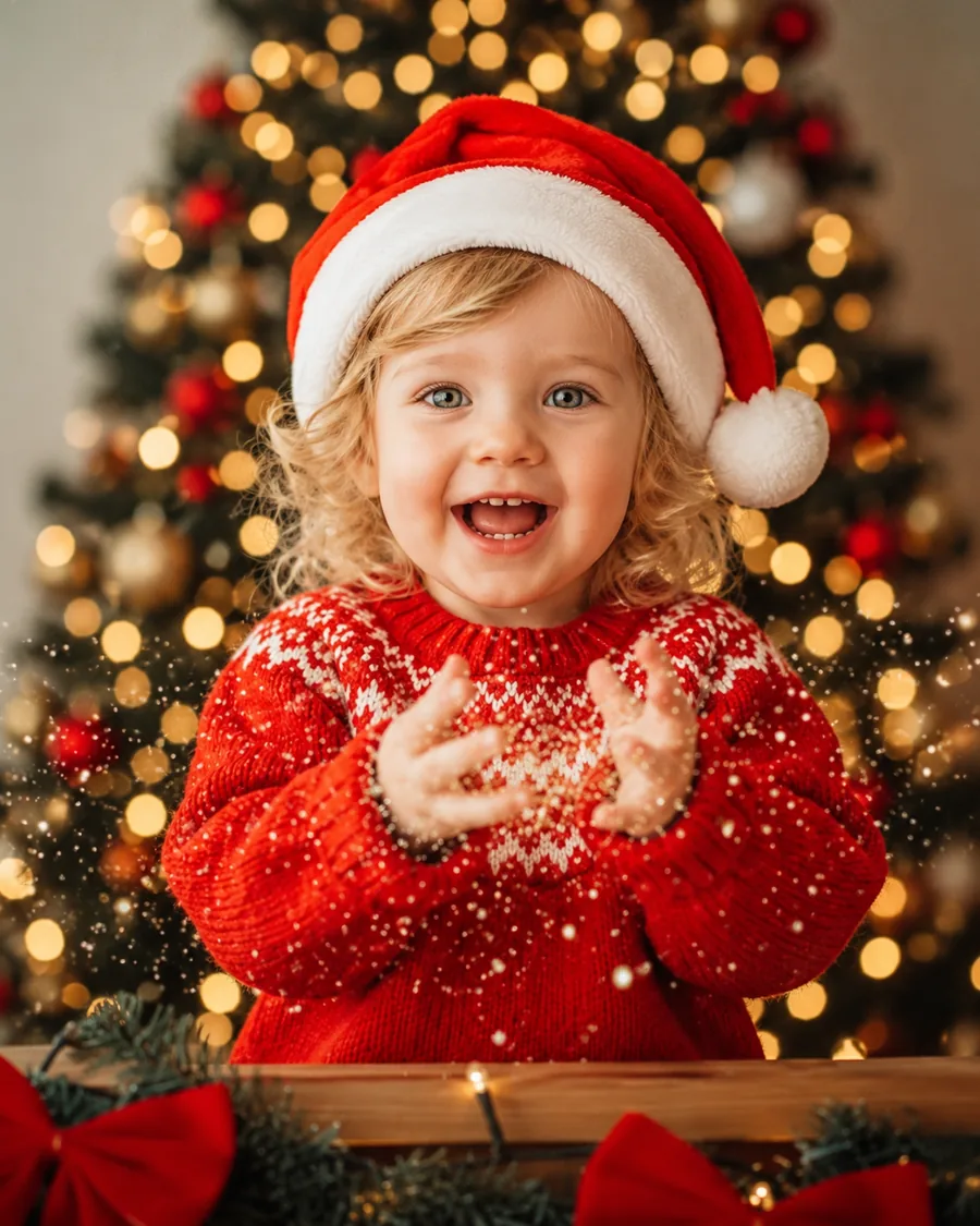 Retrato de Natal de uma criança criado com prompt a partir de uma foto comum do celular